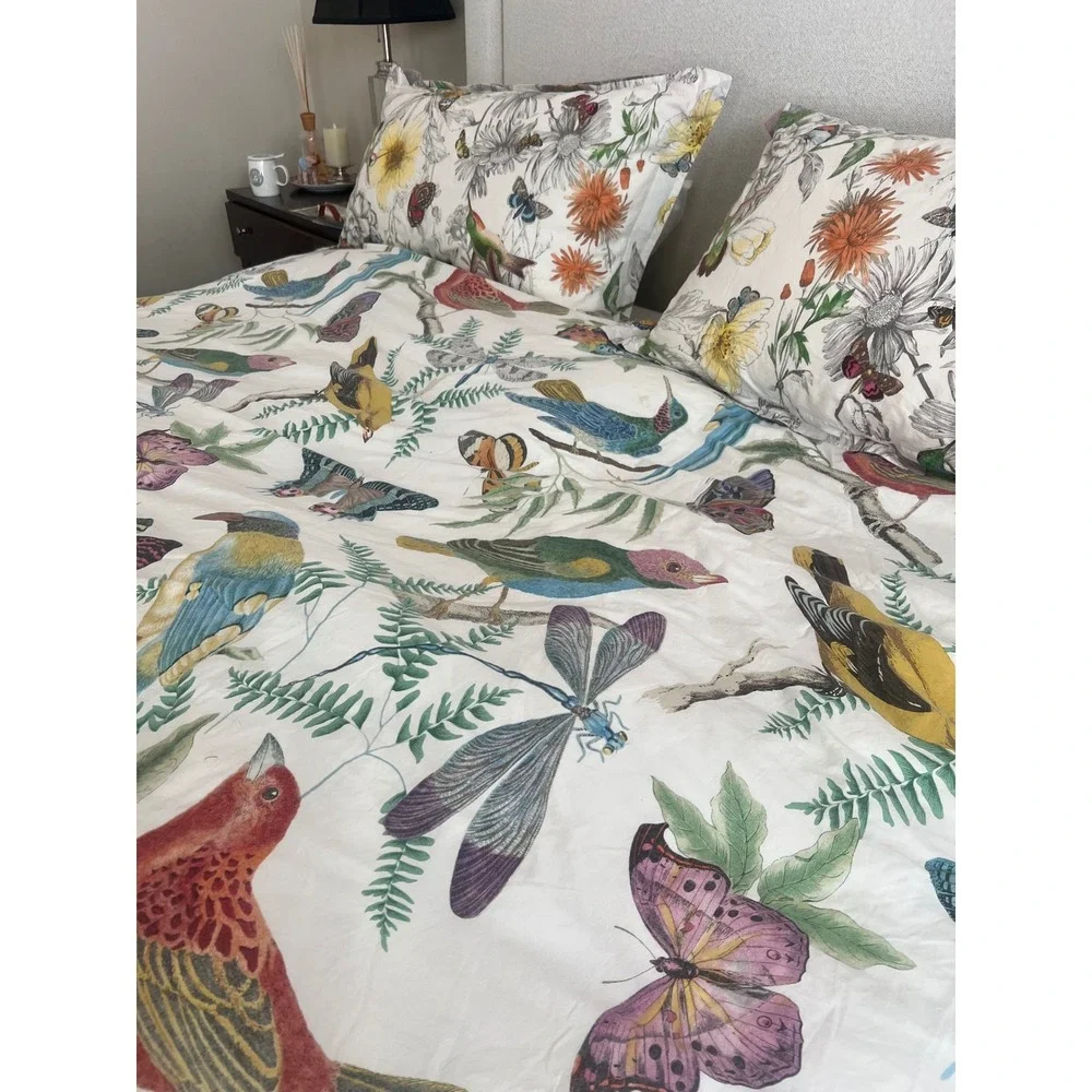 Pottery Barn Botanical Bird & Butterfly Duvet Cover Set White Multi 3 Piece